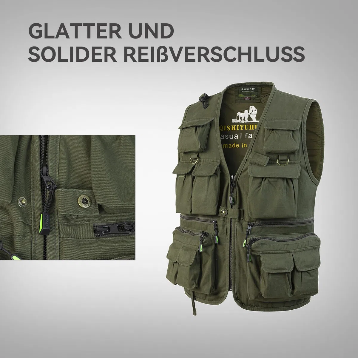 Herren Outdoor Weste mit Vielen Taschen Jagdweste Anglerweste Multifunktionsweste Arbeitsweste Baumwolle Safari Weste Fischerweste mit Reißverschluss