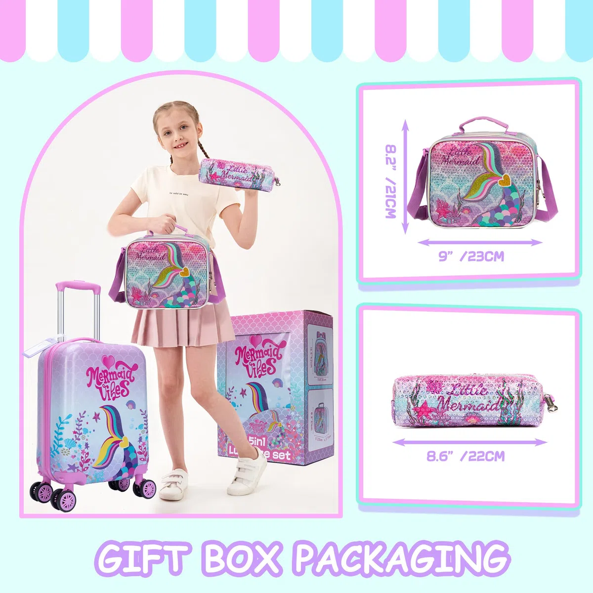 HTgroce Kinderkoffer mit Rucksack, Kids Trolley, Kindergepäck mit Rollen, Reisekoffer mit Teleskopgriff, Hartschalenkoffer für Kinder, Kindertrolley