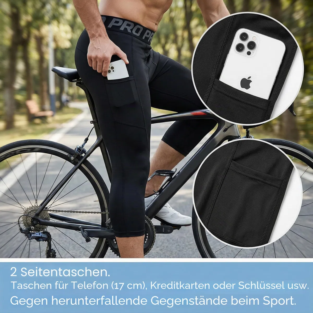 YUSHOW 3/4 Kompressionshose Herren mit Seitentaschen,3er Pack Sportleggings Männer für Fußball Fitness & Running, Schnelltrocknend Funktionshose Kniehoch Laufhose Baselayer