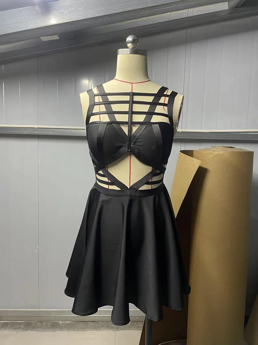 Gothic Hollow Out Korsett A-Linie Kleid Criss-Cross Retro Street Elf Girl Frauen Sexy Chic Reißverschluss Harajuku Fairy Grunge Kleid-Schwarz, L