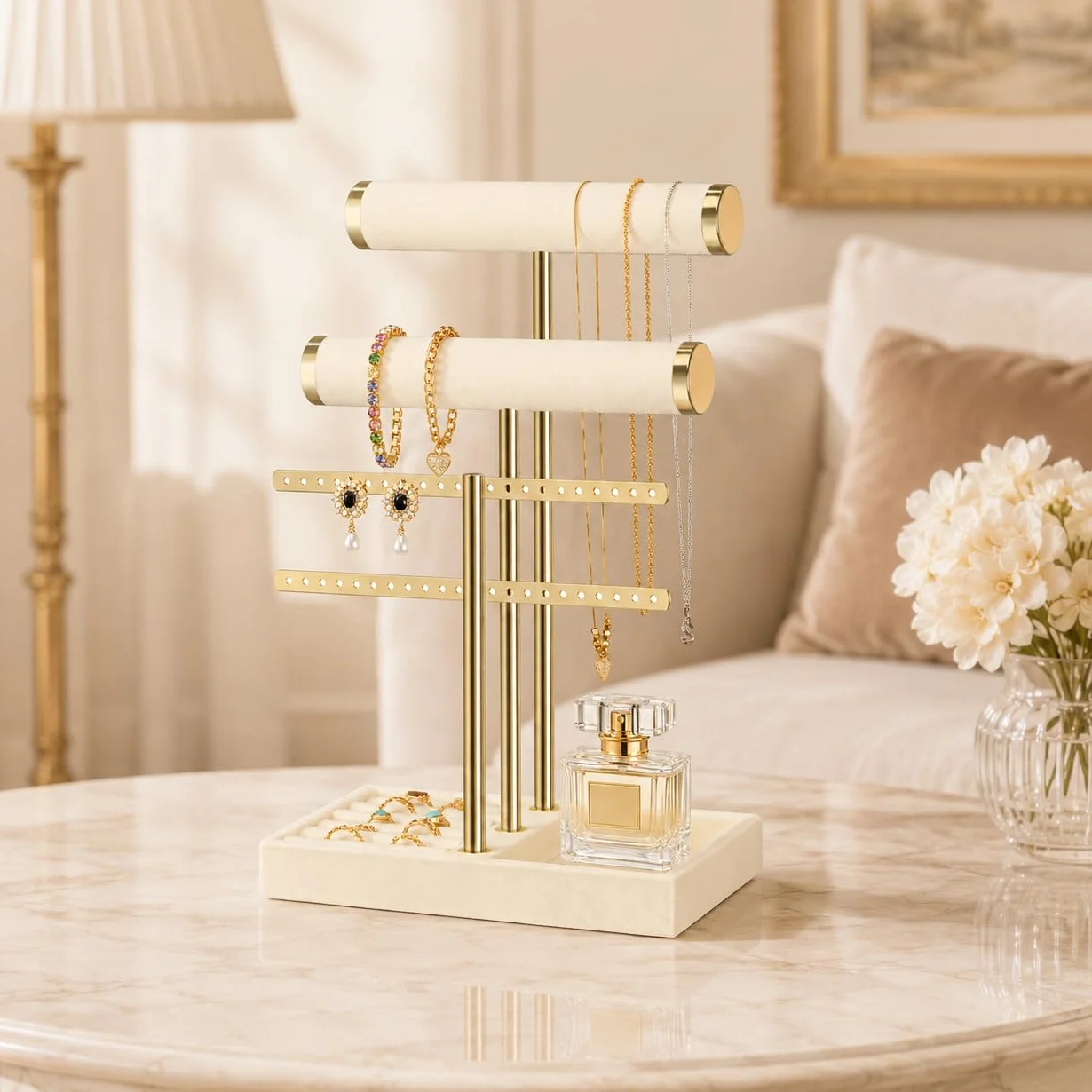 Josmimic Schmuck Organizer mit 3 Ebenen - Beige Schmuckständer Armbänder, Abnehmbarer T-Steg Schmuck Ständer, Samt-Armbandhalter, Schmuckhalter für Armband, Halskette, Uhren, Ringe