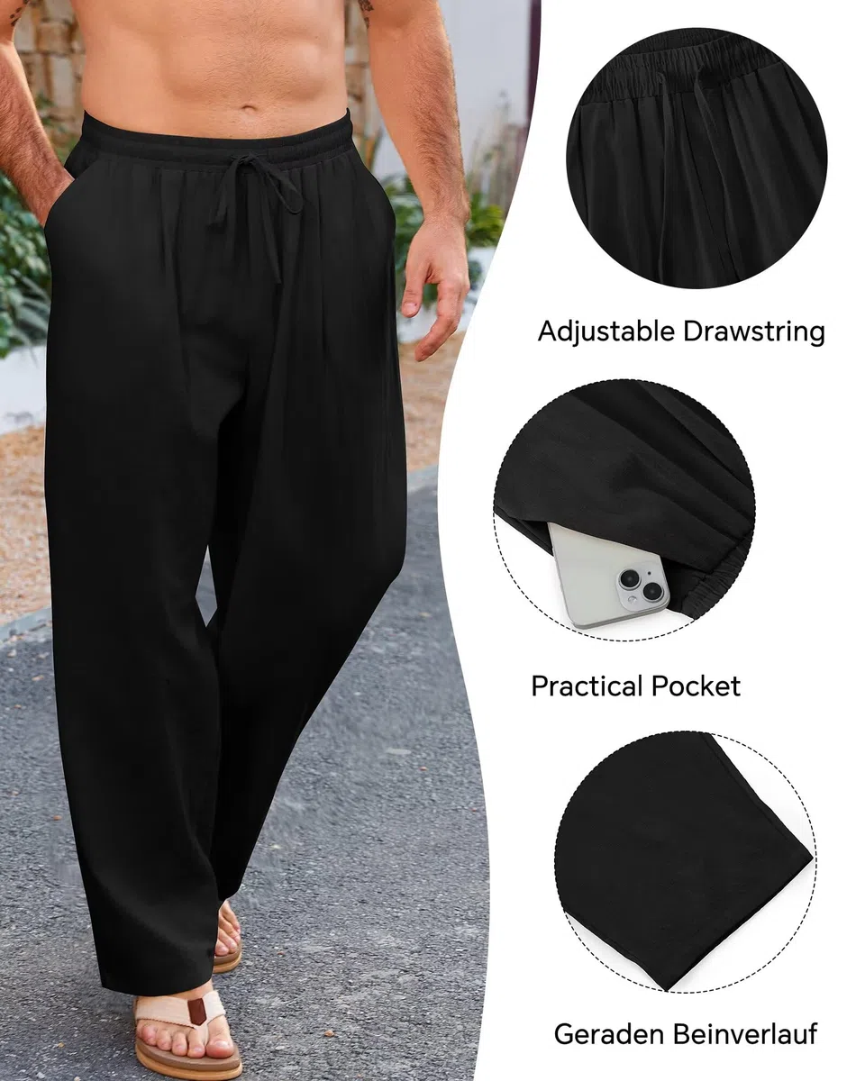 Elainone Herren Sommerhose Baumwolle Leichte Freizeithose mit Kordelzug Taschen Loose Fit Bequeme Strandhose