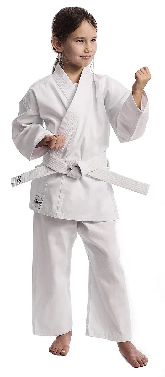 IPPONGEAR Club 2 Karate Gi Set Einsteiger Karateanzug Kinder Anzug inkl weißem Gürtel I Schnürbund I 220gr/m² (8 oz) Stoffdichte weiß