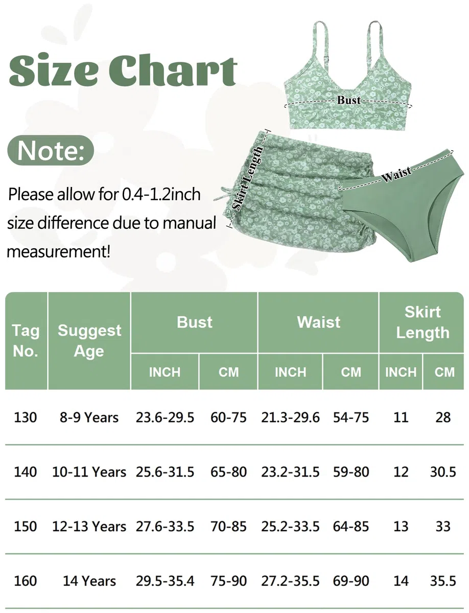SEAUR Mädchen Badeanzug Cover Up 3 Teilig Bikini Set Bademode Mädchen Badeanzug mit Blumenmuster Mode 8-14 Jahre