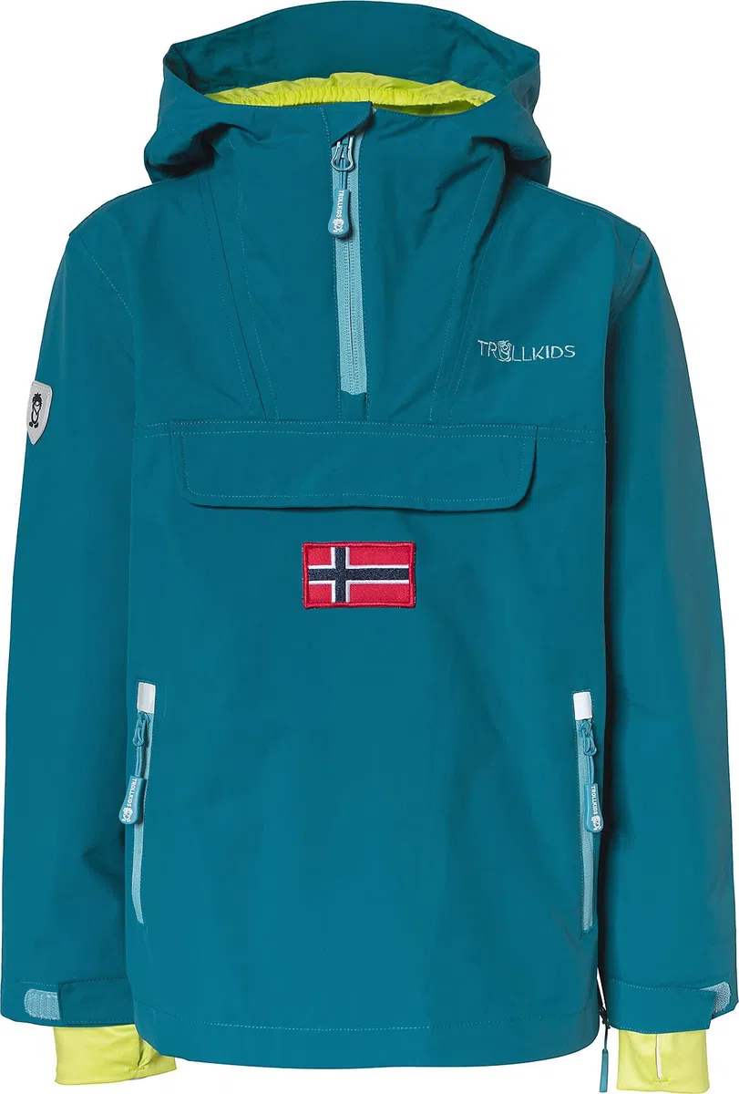 Trollkids Kinder Schlupfparka Bergen, Petrolgrün/Lime, Größe 128