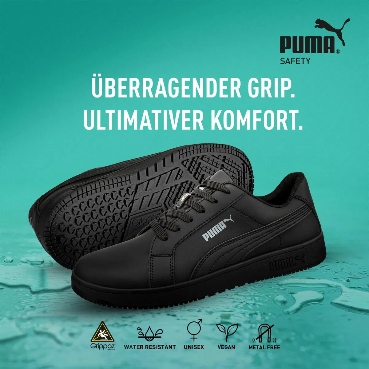 PUMA Safety Blast Rutschhemmende Berufsschuhe – rutschfeste O2 Arbeitsschuhe, metallfrei, wasserabweisend – ideal als Kochschuhe & Arbeits- Sneaker - Schwarz