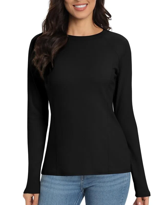 Jiuday Thermoshirt Damen Langarm Winter Thermo Oberteil Fleece Thermo Langarm Shirt mit Rundhalsausschnitt (Schwarz,2XL)