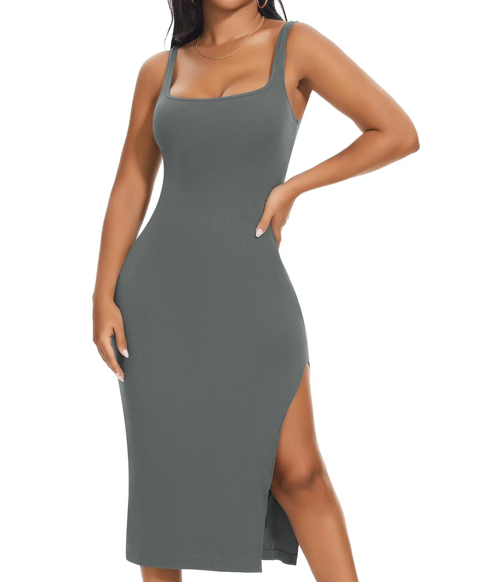 SHAPERIN Shapewear Slip Kleid Damen Bodycon Kleider mit Schlitz Bauchweg Formende Midi Kleid