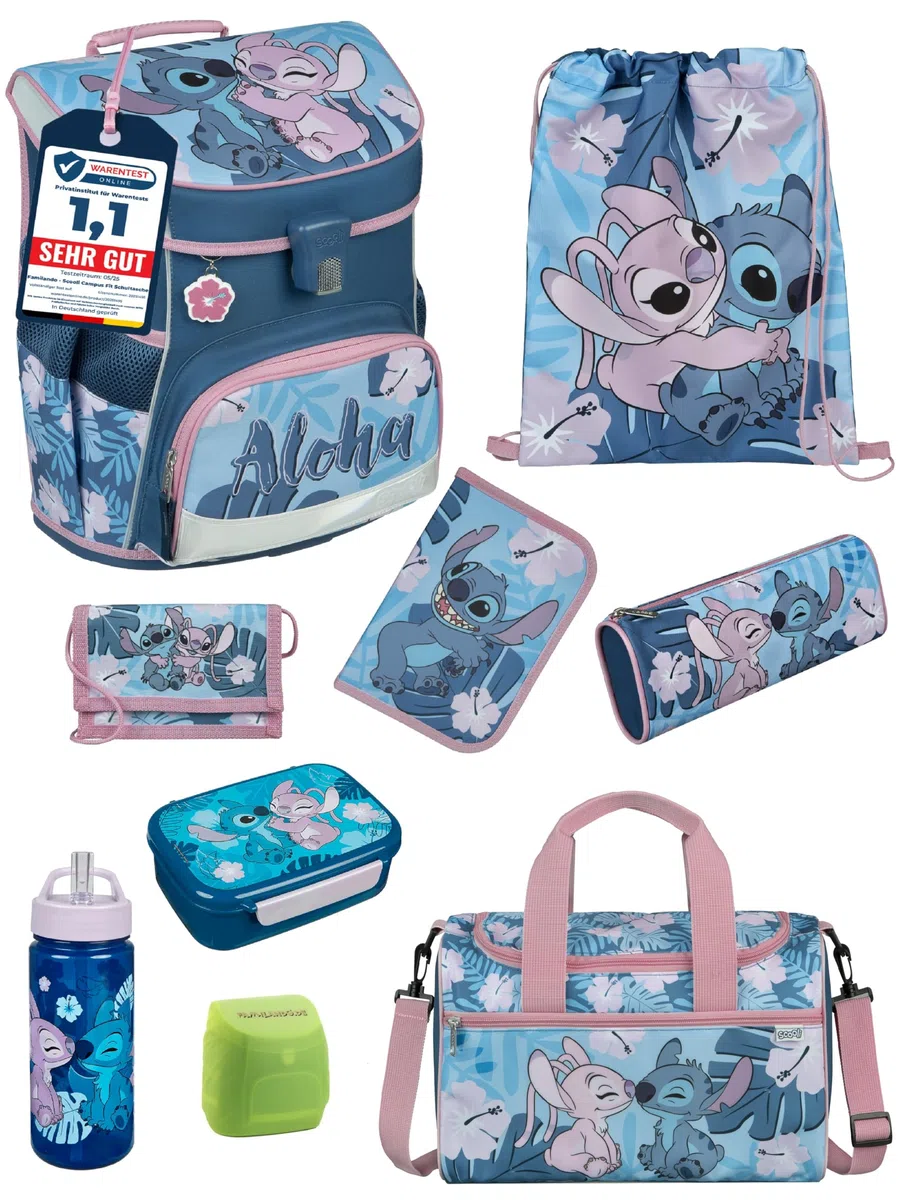 Familando - Scooli Campus Fit Schulranzen Set - 9-teilig mit Sporttasche - Disney Stitch - Ergonomisch, stabil & 980g leicht - 18L Volumen - Brustgurt & Reflektoren - ab 1. Klasse
