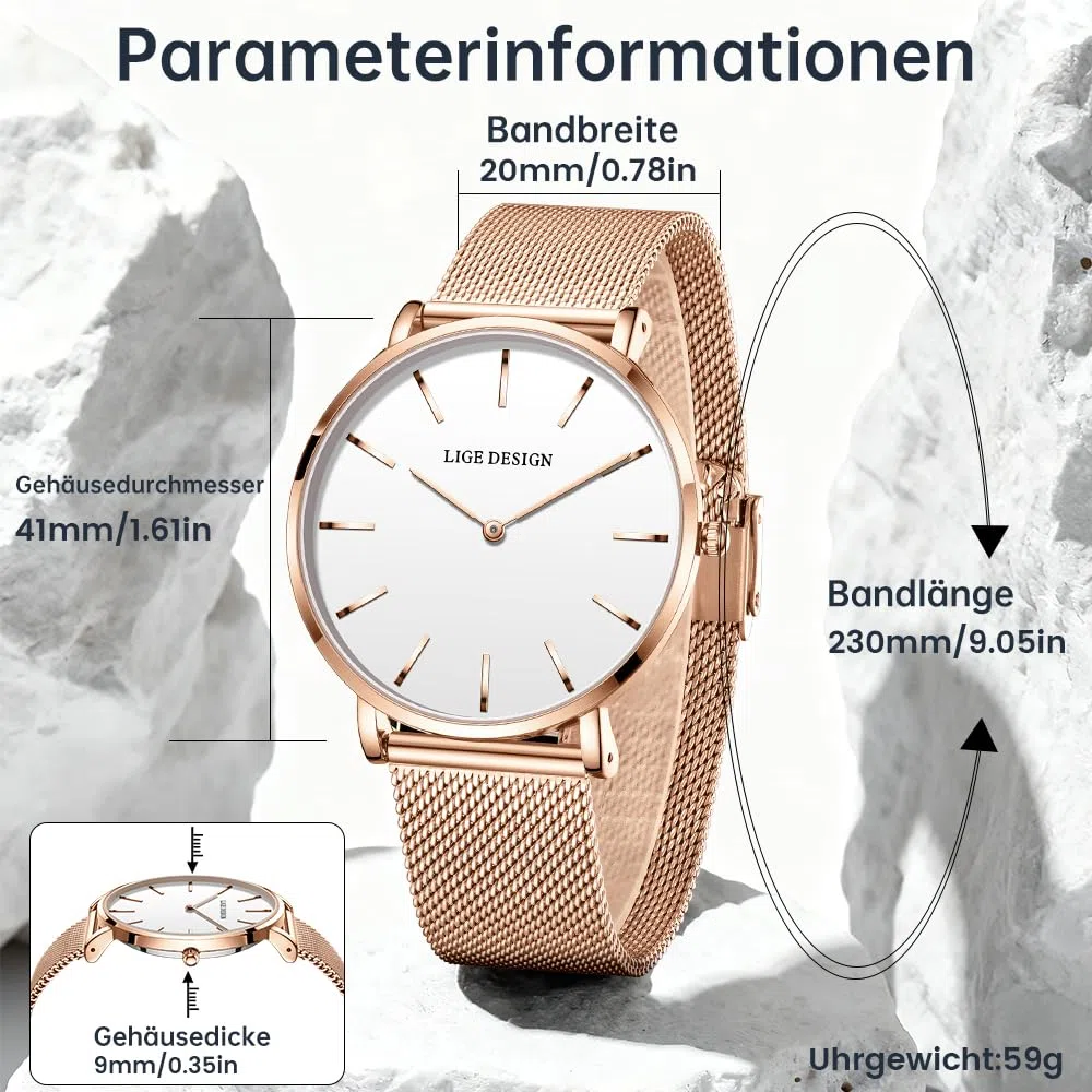 LIGE Uhr Damen, Analog Quarz Armbanduhr Damen, Ultradünn Großes Zifferblatt, Edelstahl Wasserdicht, Damenuhr Fur klassischen Modischen Schlicht Stil