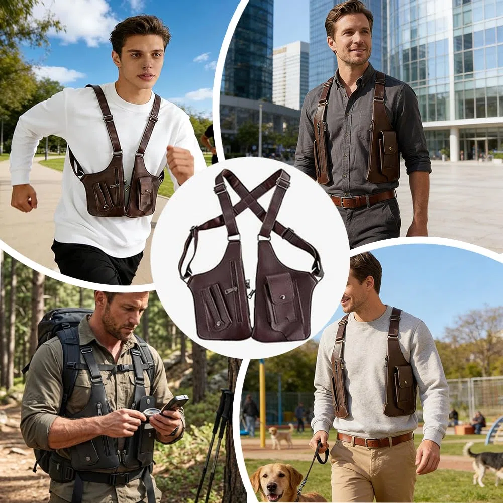 Anti-Diebstahl Unterarm-Schultertasche für Herren, Doppel-Schultertache aus PU-Leder, Verstellbares Achselholster-Design mit Mehreren Taschen, Brusttasche für Reise, Business & Outdoor (Schwarz)