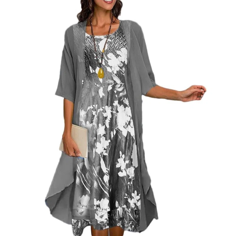 2-teiliges Damen Kleider Set Ärmelloses Midi Kleid mit Chiffon Cardigan Elegant Fließend Hochzeitsgästekleid Formell Lässig Cocktail Outfit
