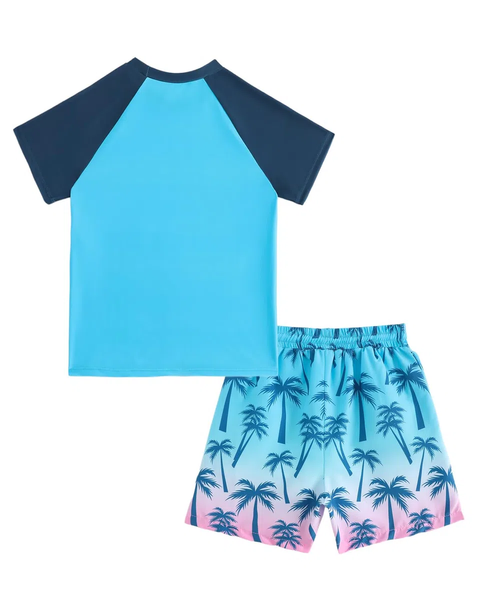 UV Badebekleidung Junge Set Gr 110-158, Zweiteiliger UPF 50+ Schwimmanzug Kinder mit Badeshirt UV Kinder & Badehose Jungen, Teen UV Shirt Hawaii, Blau-Rosa 9-10 Jahre/134-140
