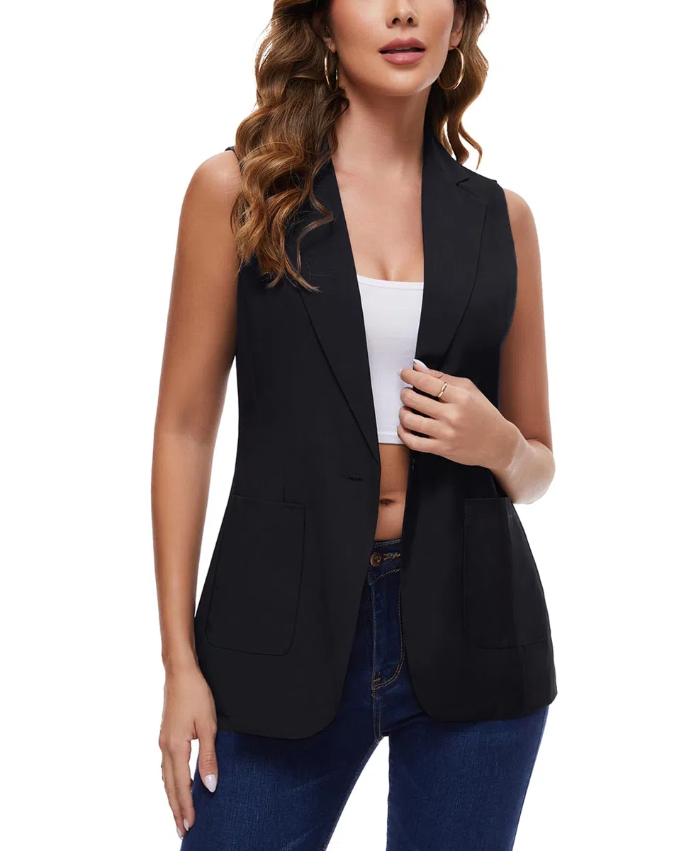 Ärmelloser Blazer für Damen, lange Büroweste, vollständig gefüttert, Ein-Knopf-Oberteil, Jacke, Weste, gekerbtes Revers