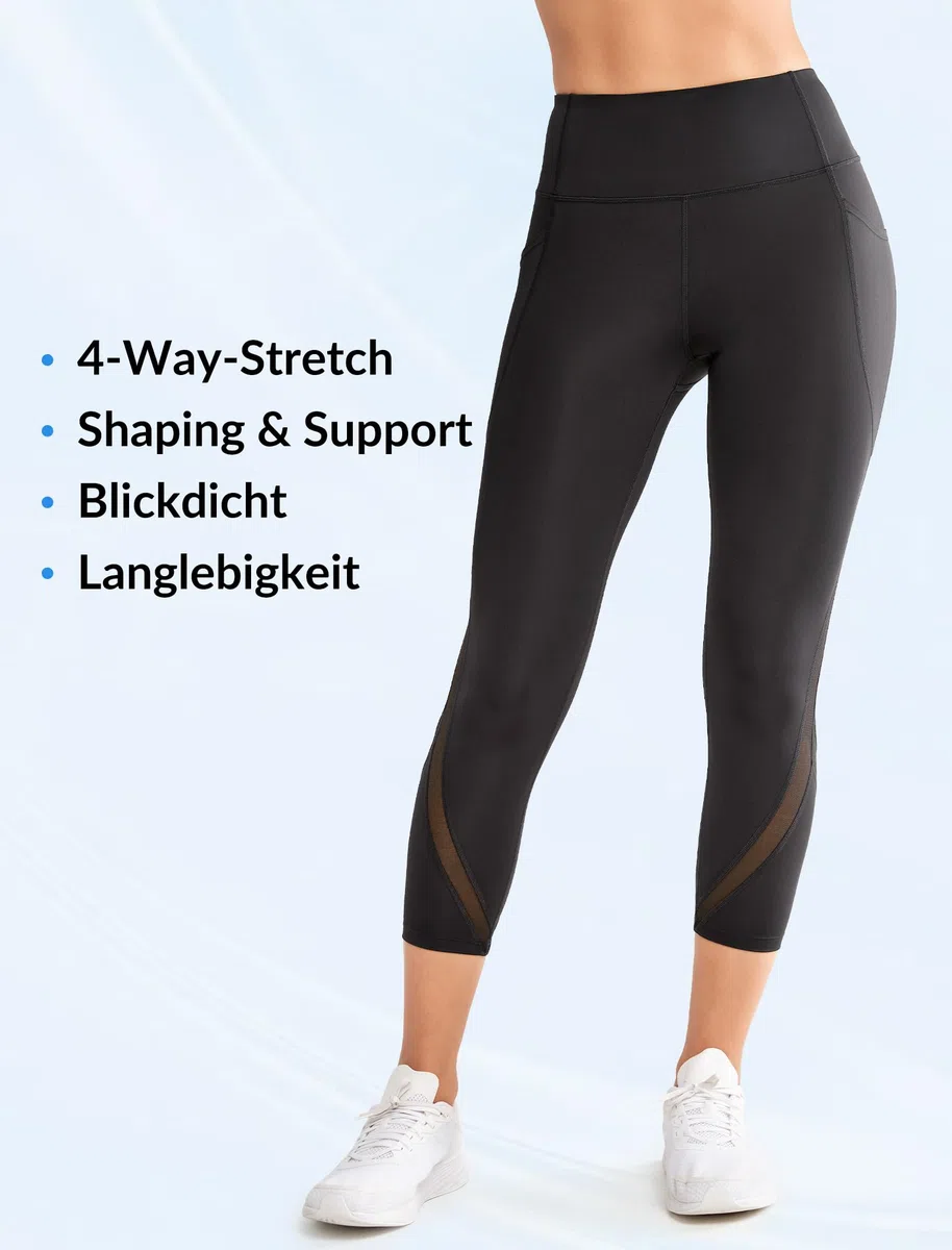 Yvette Damen 3/4 Sport Leggings Capri Sporthose Blichdicht mit Mesh high Waist Bauchkontrolle Leggins