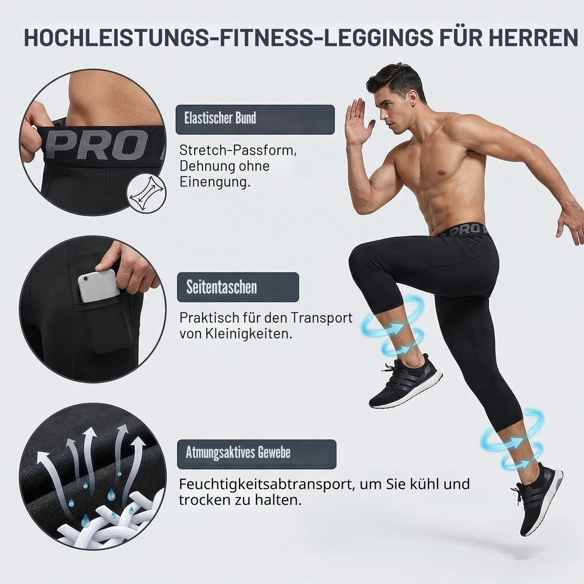 YUSHOW 3/4 Kompressionshose Herren mit Seitentaschen,3er Pack Sportleggings Männer für Fußball Fitness & Running, Schnelltrocknend Funktionshose Kniehoch Laufhose Baselayer