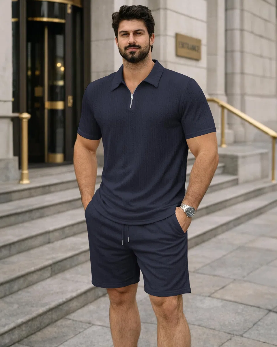 KUYIGO Herren-Trainingsanzug, 2-teilig (Polohemd & Shorts), luftdurchlässige T-Shirts und Shorts für den Sommer, Freizeit, Fitness, Urlaub und Outdoor, S–2XL