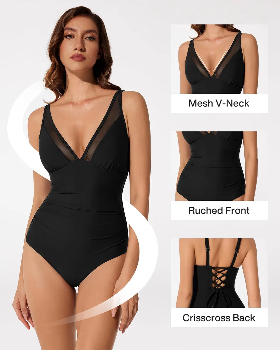 RXRXCOCO V Ausschnitt Sexy Mesh Badeanzug Damen Bauchweg Shape Bademode Rückenfrei Badeanzug Mit Cups Swimsuit