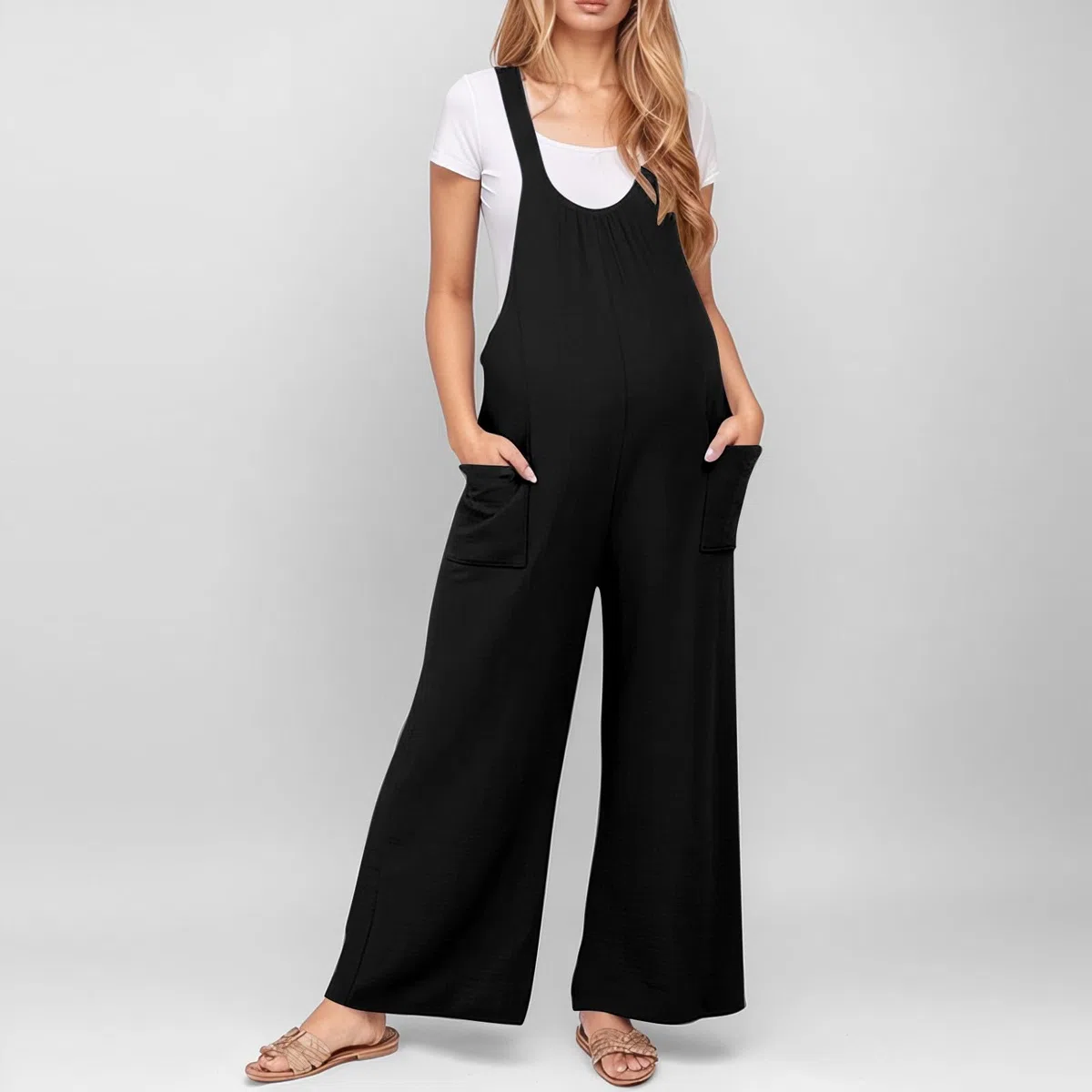 Generisch Damen Umstandsmode Lässiger Overall Jumpsuit Mit Weiten Beinen Praktischen Taschen Für Schwangerschaft