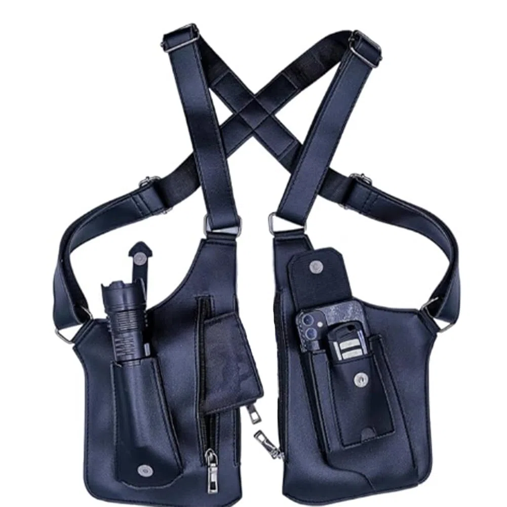 Anti-Diebstahl Unterarm-Schultertasche für Herren, Doppel-Schultertache aus PU-Leder, Verstellbares Achselholster-Design mit Mehreren Taschen, Brusttasche für Reise, Business & Outdoor (Schwarz)