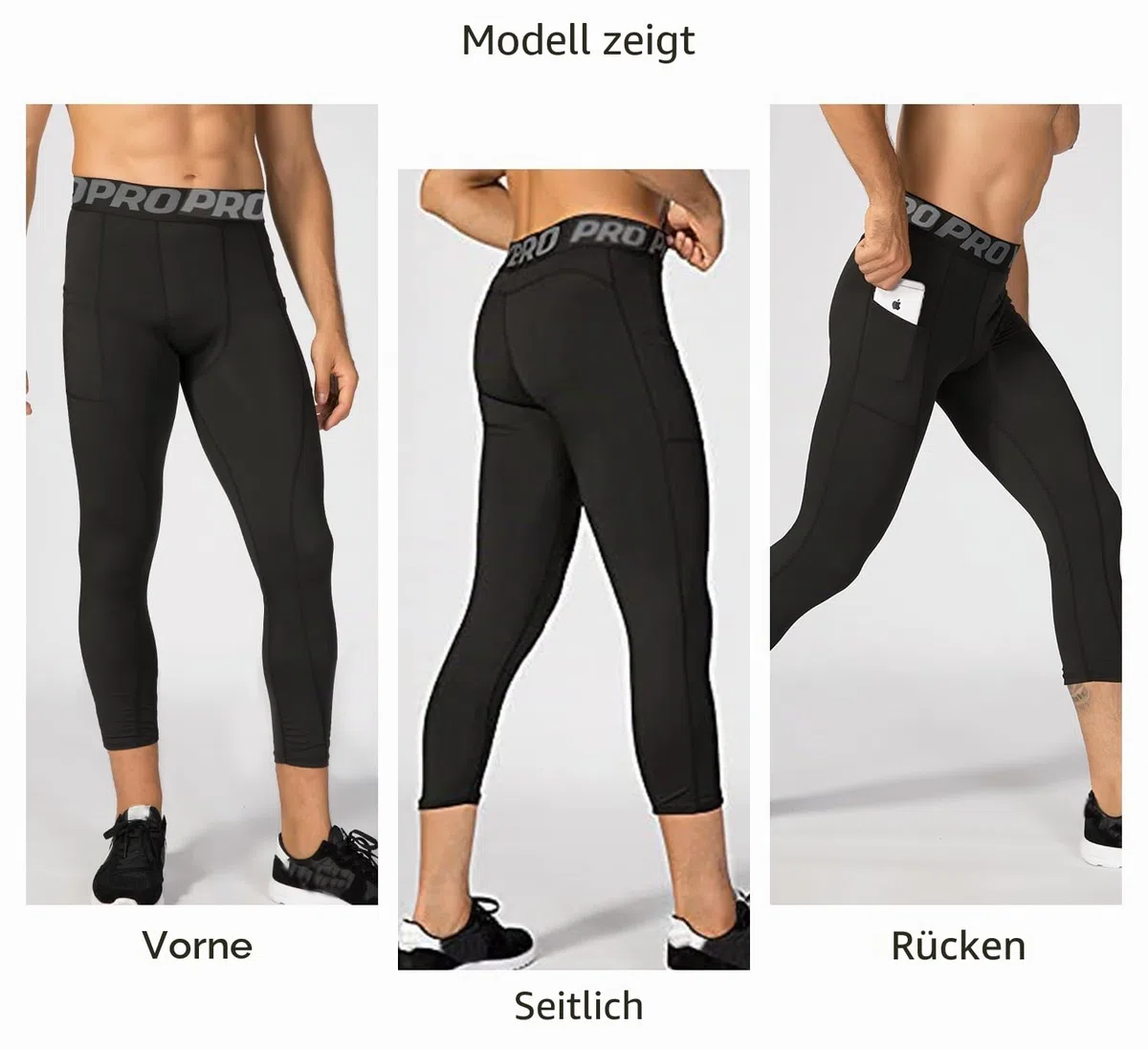 YUSHOW 3/4 Kompressionshose Herren mit Seitentaschen,3er Pack Sportleggings Männer für Fußball Fitness & Running, Schnelltrocknend Funktionshose Kniehoch Laufhose Baselayer