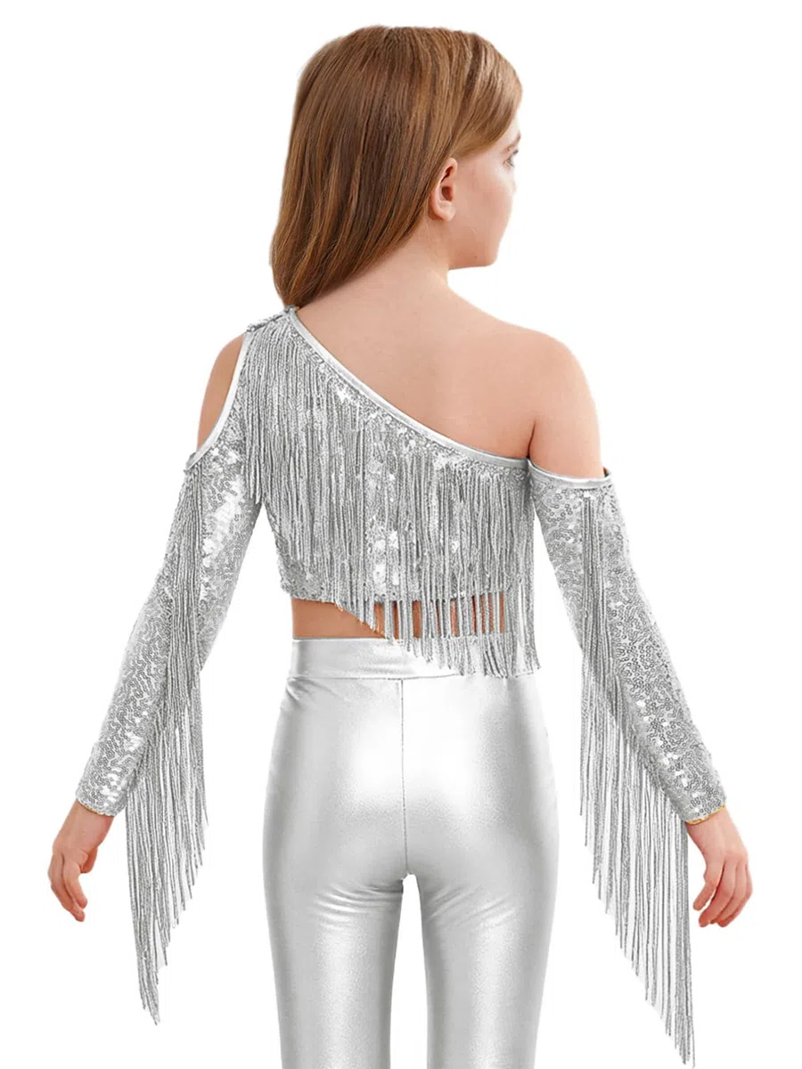 TiaoBug Mädchen Pailetten T-Shirt EIN-Schulter Tee Glänzend Langarmshirt mit Cut Out Fransen Tunika Jazz Tanz Shirts Glitzer Party Tops Tanzkostüm