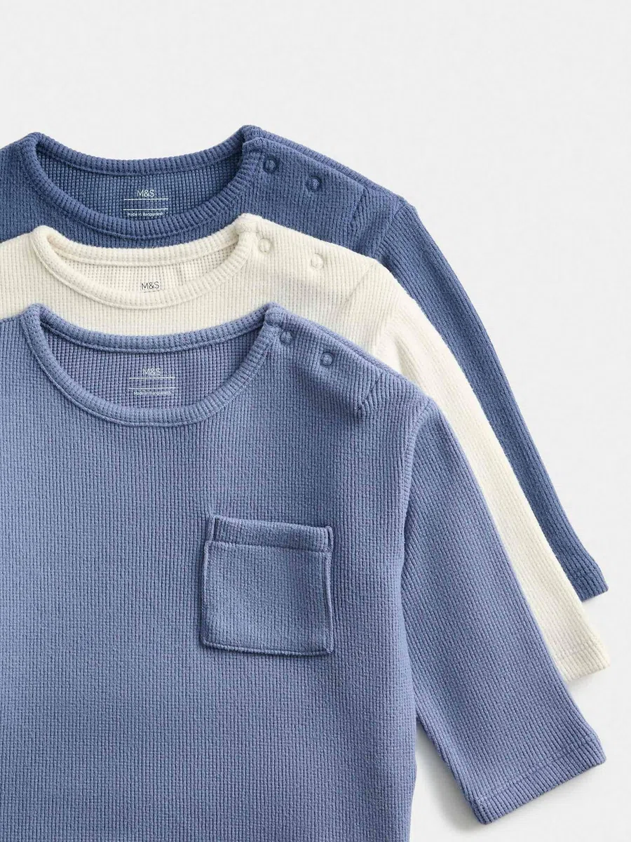 Marks & Spencer 3er-Pack Baby Gebürstete Waffel-Tops – Regular Fit – Lange Ärmel – Mit Stretch