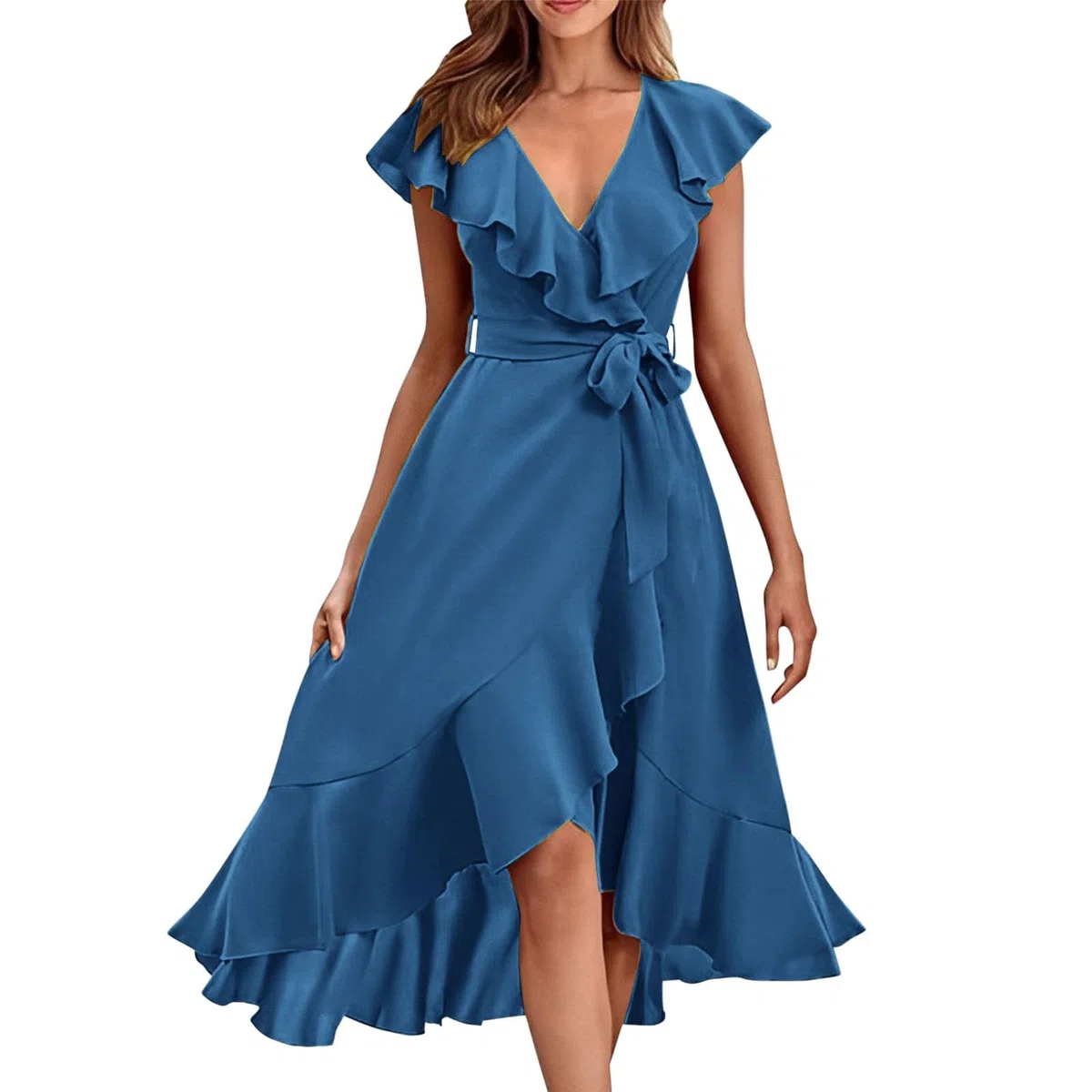 Skang Kleider Damen Sommer Elegant Damen-Kleid mit V-Ausschnitt, kurzen Ärmeln, Rüschen und Langer Schnürung Blusenkleid Blau