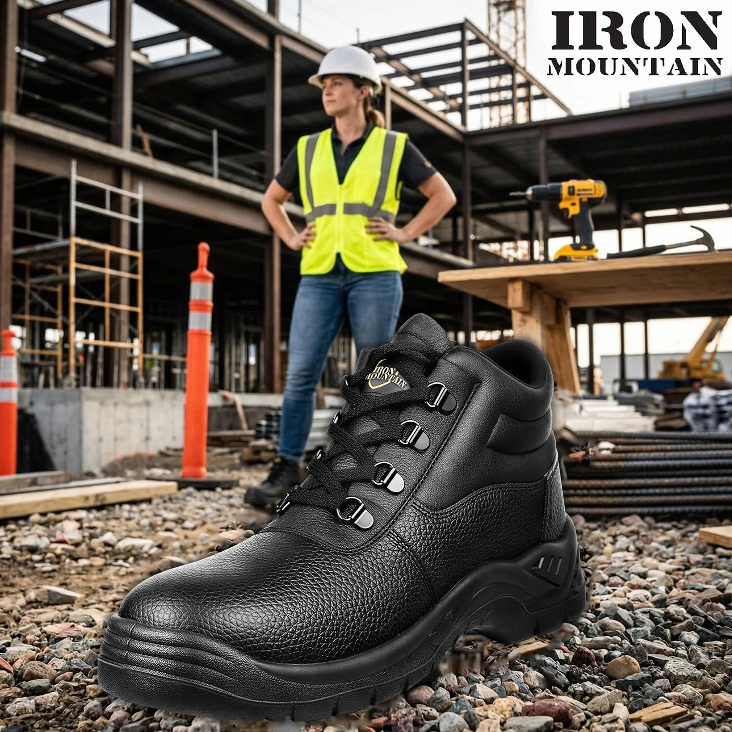 Iron Mountain Unisex-Arbeitssicherheitsstiefel S3 SRC, Leder mit Stahlkappe und Stahlzwischensohle, Chukka-Arbeitsstiefel, rutschfest, antistatisch, robuste Arbeitsstiefel, Schwarz, EU 45
