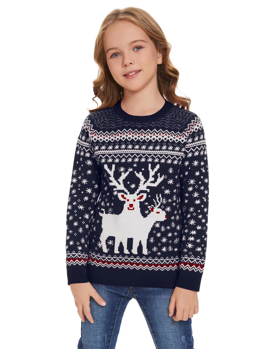 Damen Herren Kinder Weihnachtspullover Lustig Weihnachtspulli Ugly Christmas Sweater Rundhals Strickpullover mit Reindeer Unisex Weihnachts Pullover Familie Set