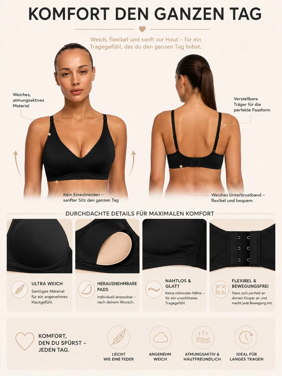 CFab Push-up BH Damen ohne Bügel, nahtlos mit herausnehmbaren Pads | Verstellbare Träger, weiches atmungsaktives Material und herausnehmbare Pads für bequemen Halt und glatte Looks