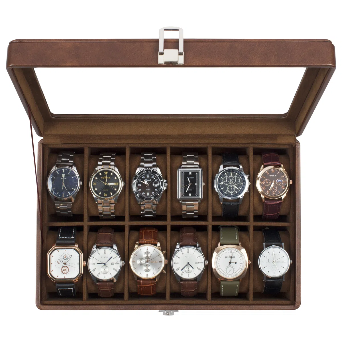 Uhrenbox mit 12 Fächern, Uhrenkasten mit Glasdeckel, Watch Box mit herausnehmbarer Unterlage, Metallverschluss, Geschenk, Braunes Kunstleder, Braunes Innenfutter