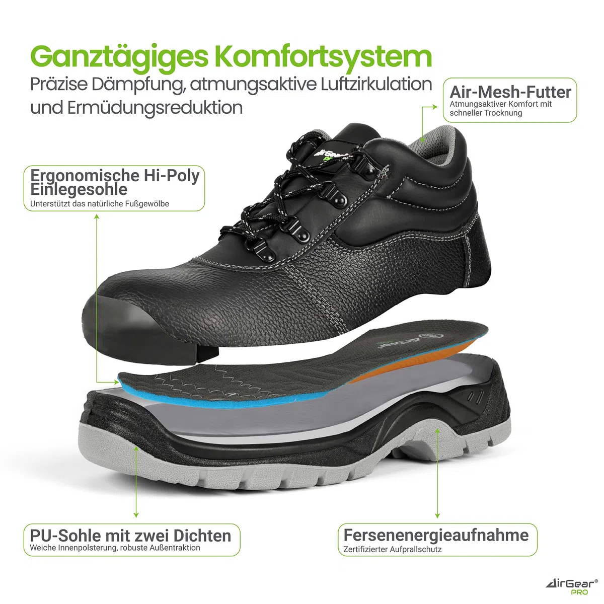 AirGearPro Sicherheitsschuhe Herren S3 SRC – Stahlkappe, Durchtrittsichere & rutschfeste Sohle, wasserdichte & Atmungsaktive Arbeitsschuhe für BAU, Beruf & Industrie