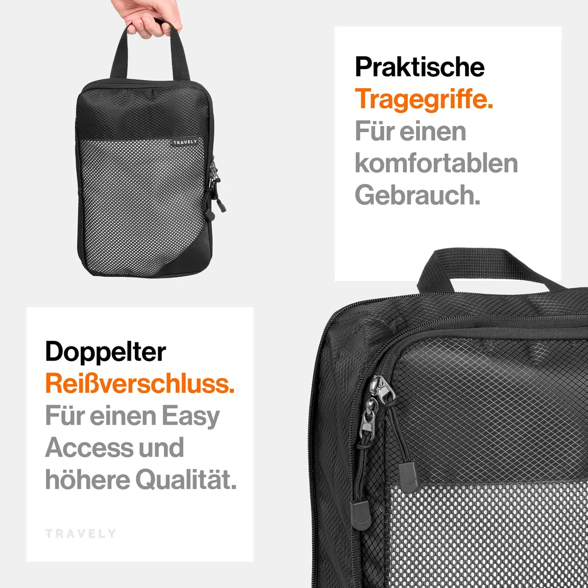 TRAVELY Packing Cubes Compression - 5-teiliges Set inkl. Schuhtasche & Wäschebeutel - Packwürfel Kompression als Koffer oder Rucksack Organizer - Packtaschen für Reise, Packbeutel, Kompressionsbeutel