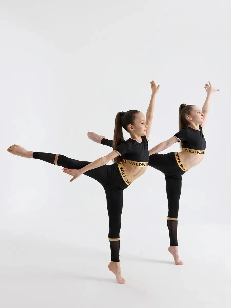 Gran Prix Crop Top Mädchen – Kurzarm Sporttop Schwarz Gold | Gymnastics Dance | 90% Polyamid