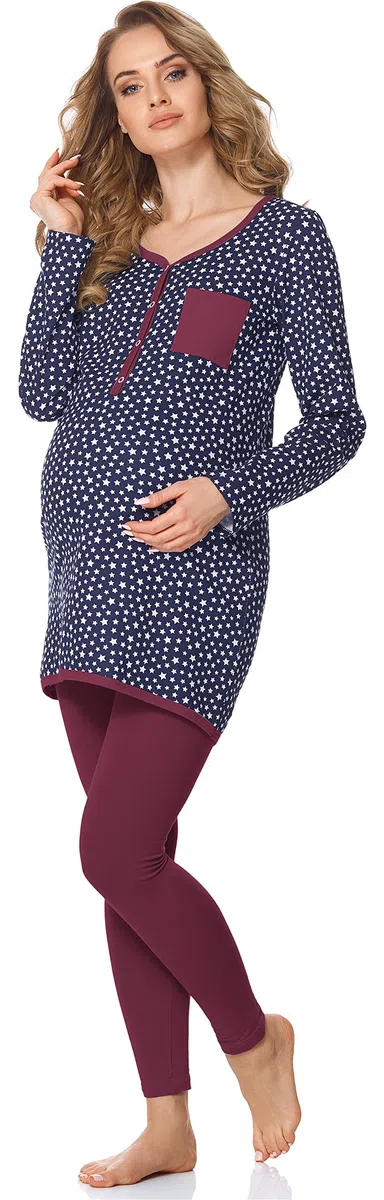 Bellivalini Damen Umstands Pyjama mit Stillfunktion BLV50-125 (Marineblau Sterne/Weinrot, XL)