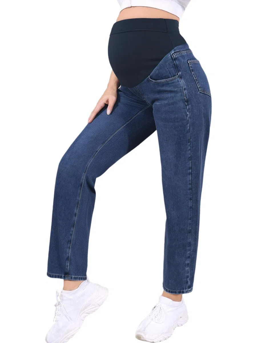 FEESHOW Damen Umstandsjeans Gerade Verstellbare Hohe Taille Schwangerschaftshose Jeans Regular Fit