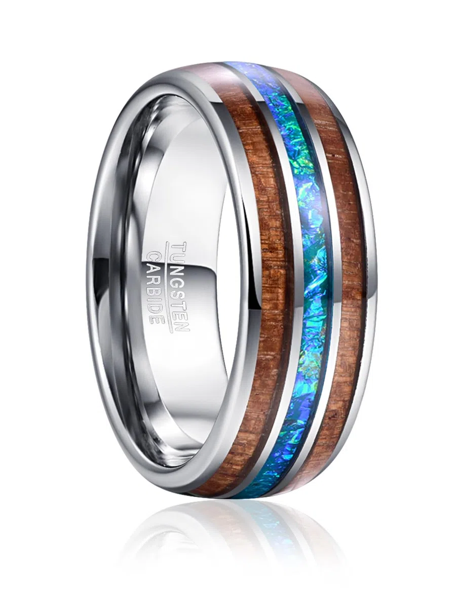 Vakki 8mm Herren Trauringe 8mm aus Wolframkarbid, Unisex Ring mit Meteoritenimitat und Holz Größe 54.4(17.3)-67.2(21.4)