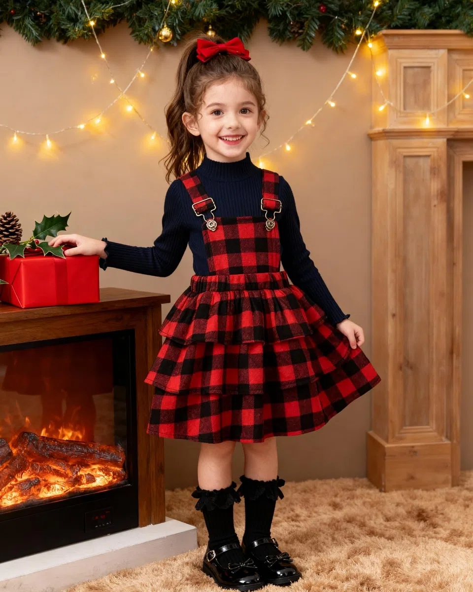My First Christmas Outfit Baby Mädchen Weihnachtskleid für Kleinkinder Langarm Rot kariert Hosenträgerrock Set