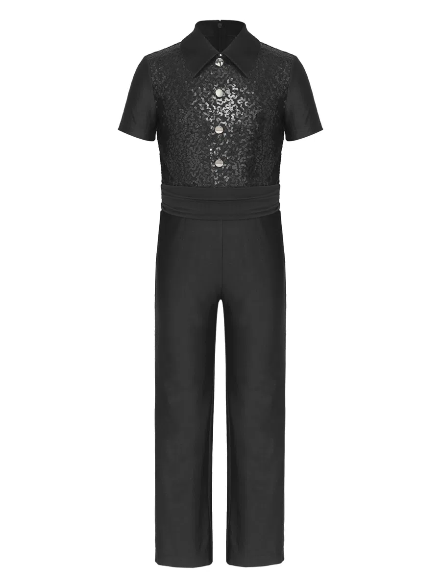 Tanzbody Jungen Latein Kinder Ganzkörper Tanzanzug Pailletten Glitzer Tanzoverall Kurzarm Jumpsuit Reverskragen Tanzhemd Gerades Bein Leggings Dancewear