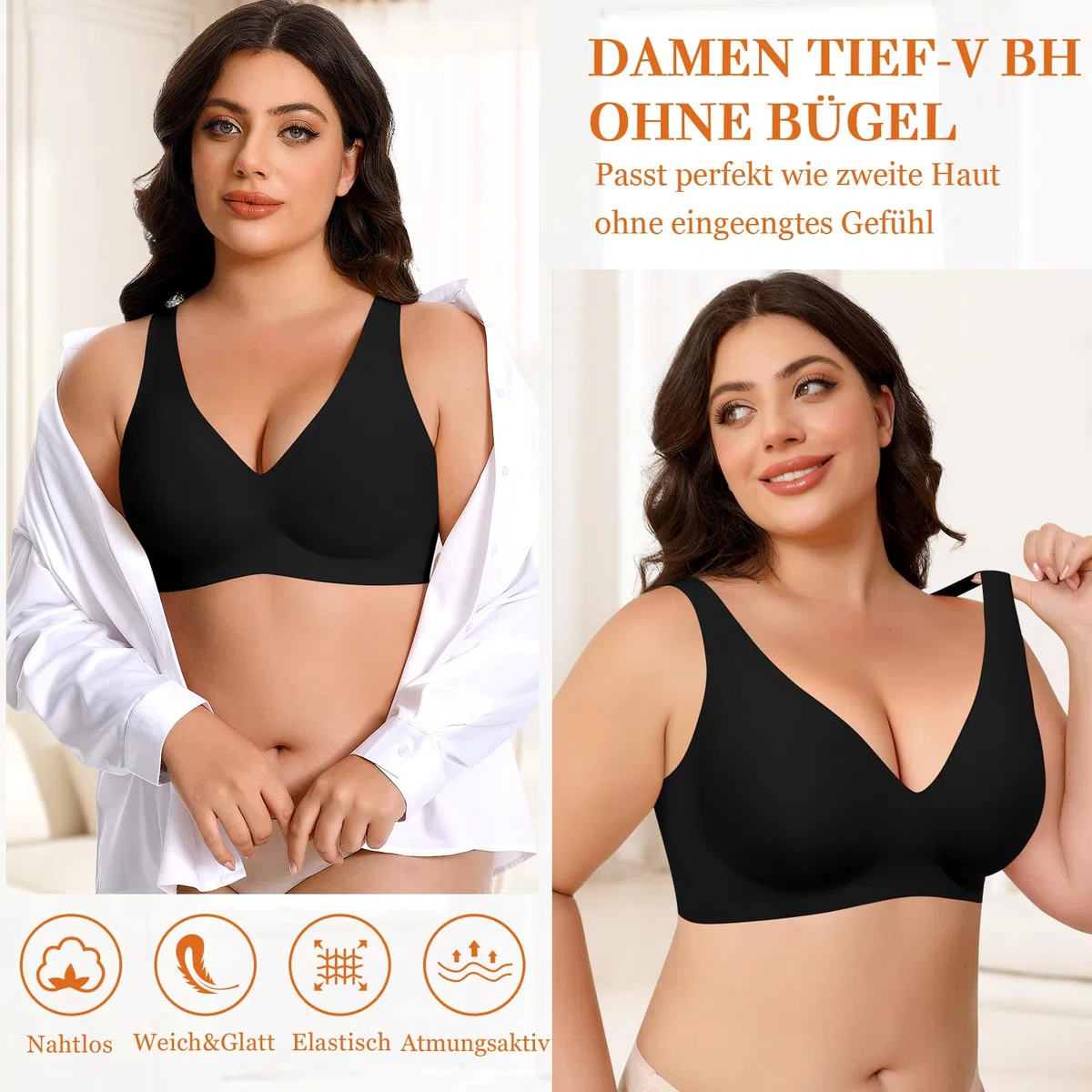 Ganado Damen BH Tiefem V-Ausschnitt Nahtloser BH Ohne Bügel Push Up BHS Bralette Soft Bequem BHS Bügellos Bustier