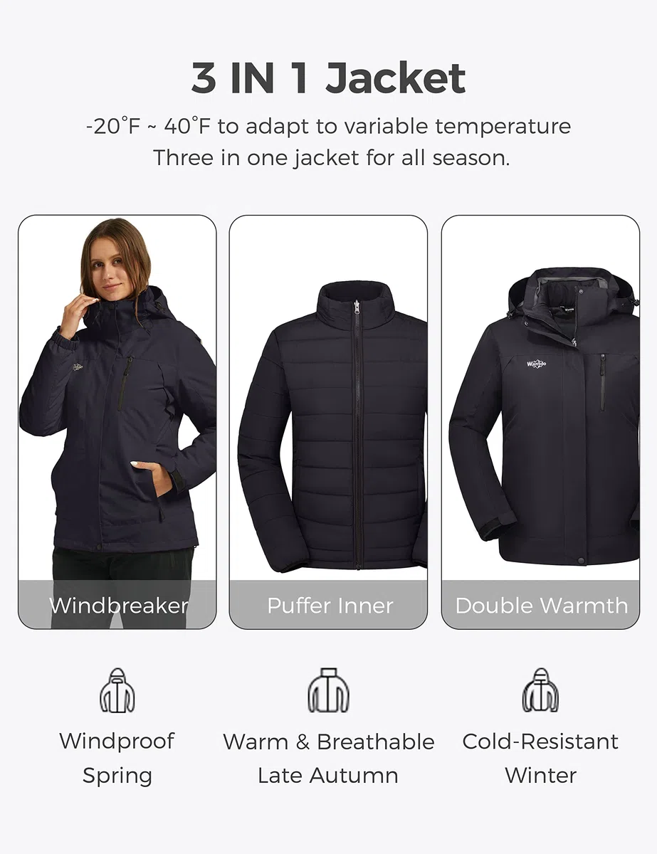 Wantdo Damen Warm Winter Jacke Abnehmbarer Innenschuh 3-in-1 Jacke wasserdichte Snowboardmäntel Kapuzen Windjacke