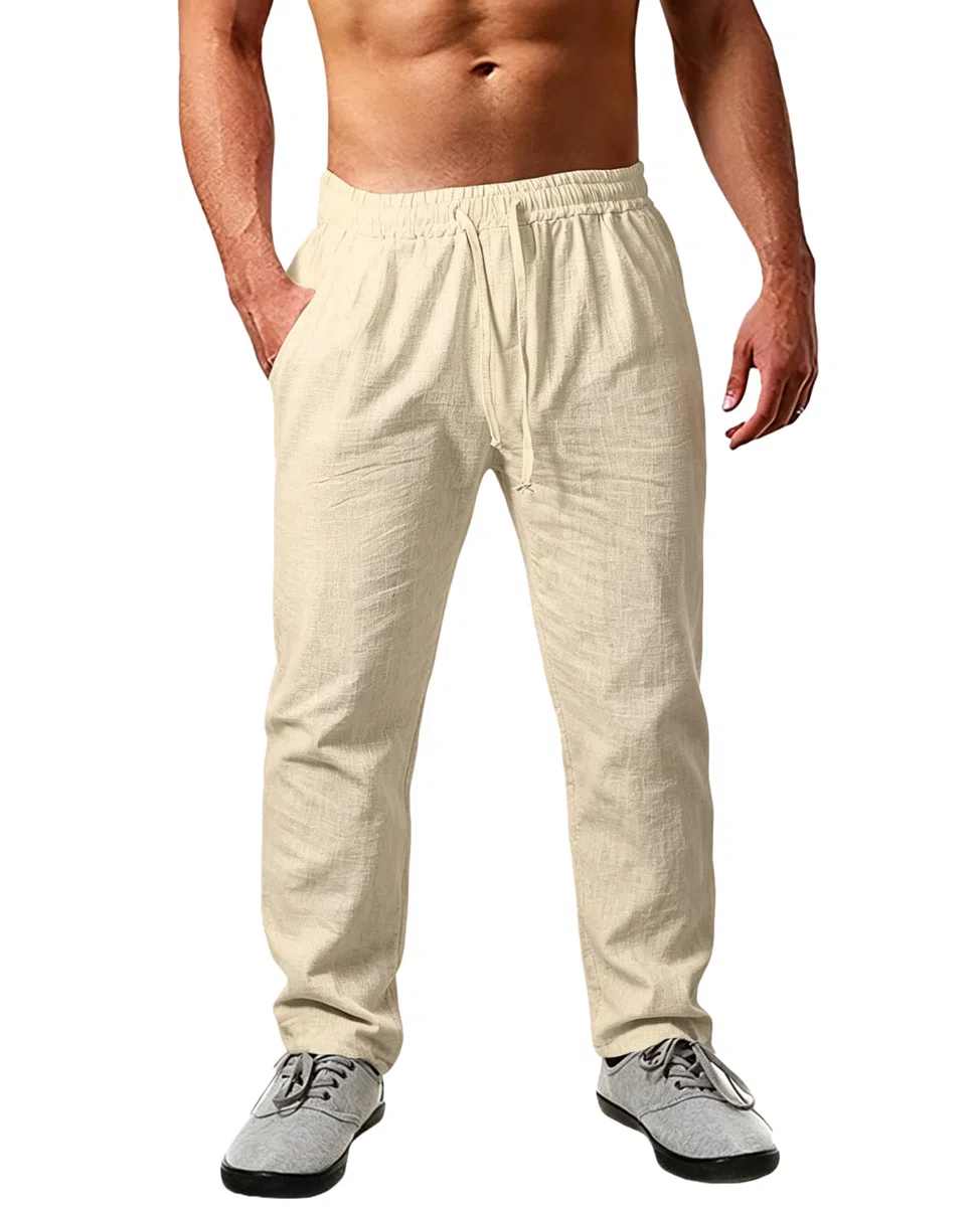 Cegerne Herren Leinenhose Lang Leicht Sommerhose Loose Fit Einfarbiges Freizeithose mit Kordelzug für Urlaub Strand Alltag
