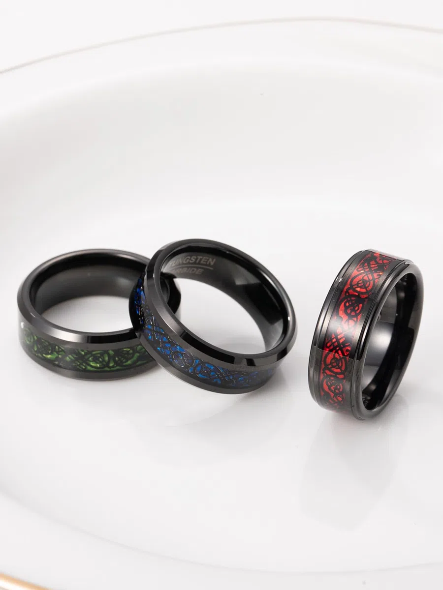VAKKI Herrenring 8mm Schwarz Wolfram Ring Keltische Drachen-Eheringe mit Opalpapier/Kohlefaser für Männer Größe 49.3(15.7)-74.8(23.8)