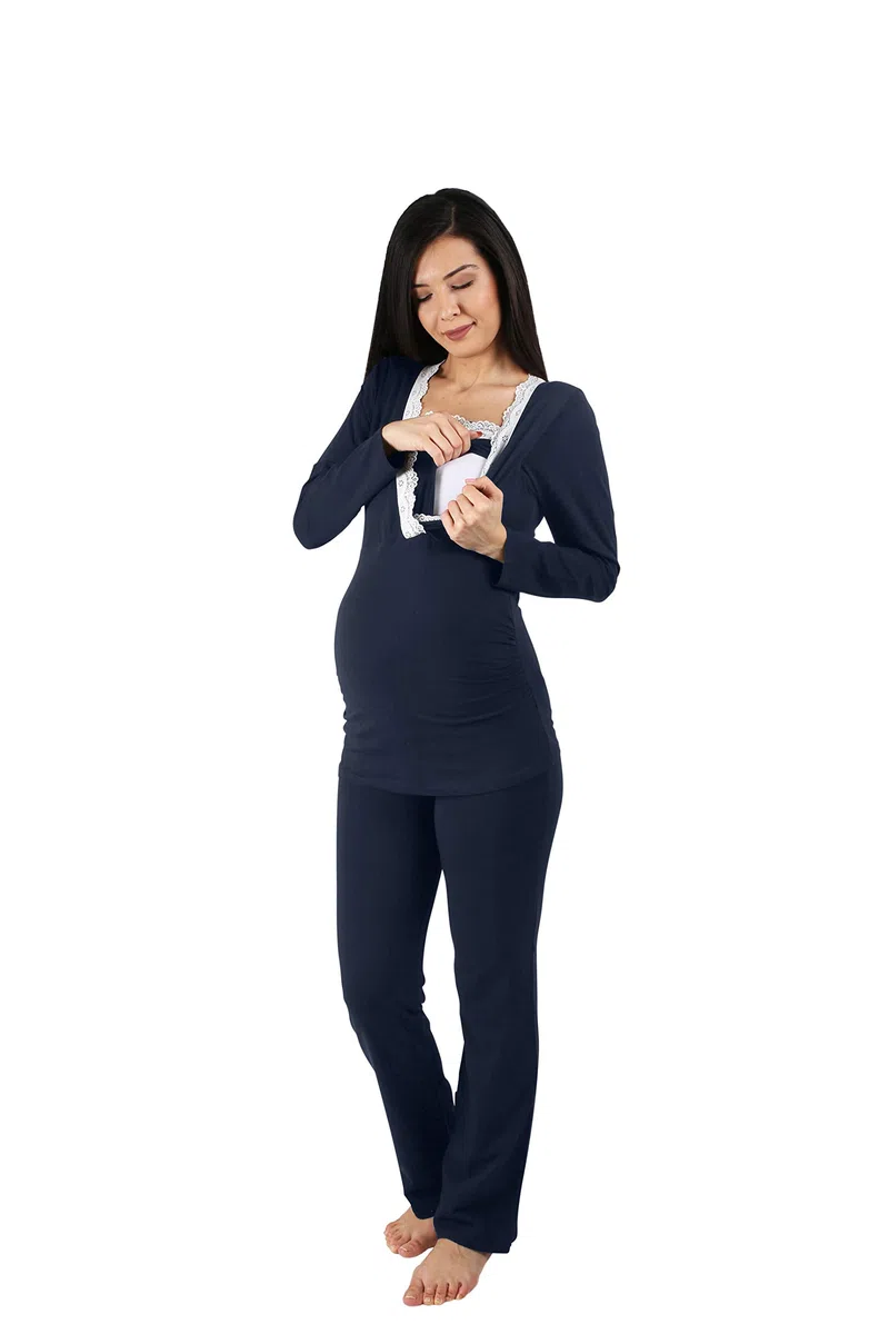 M.M.C. Still-Pyjama Set mit Spitze für Damen - Umstandspyjama Schlafanzug Nachtwäsche für Schwangerschaft und Stillzeit mit Stillfunktion, Langarm