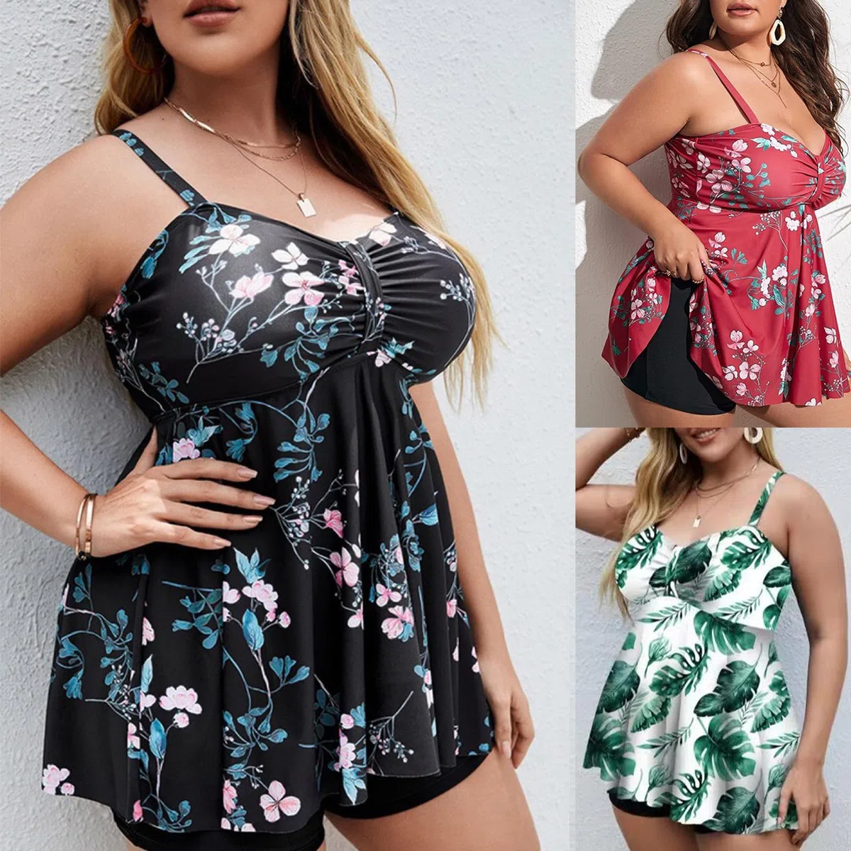 Zweiteiliger Badeanzug für Damen und Mädchen, florales Design, Tankini, Badeanzug, Bademode mit Bauchkontrolle, Boyshorts