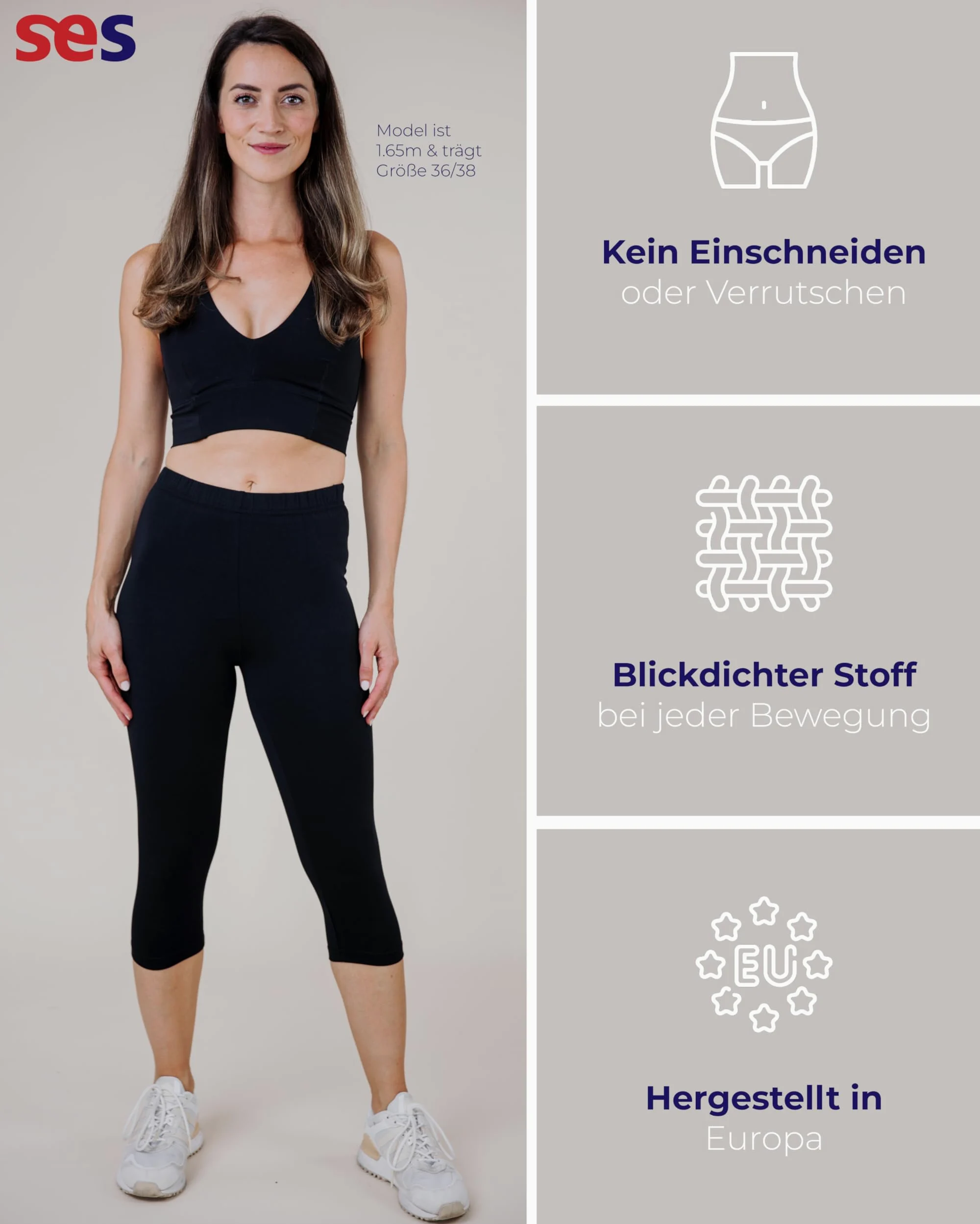 SES Capri Leggings Damen 3/4 Lang - 2er Pack 32-34 bis 56-58 - blickdichte & elastische Capri-Leggings mit weichem Bund & Perfekter Passform - Baumwolle mit Elasthan