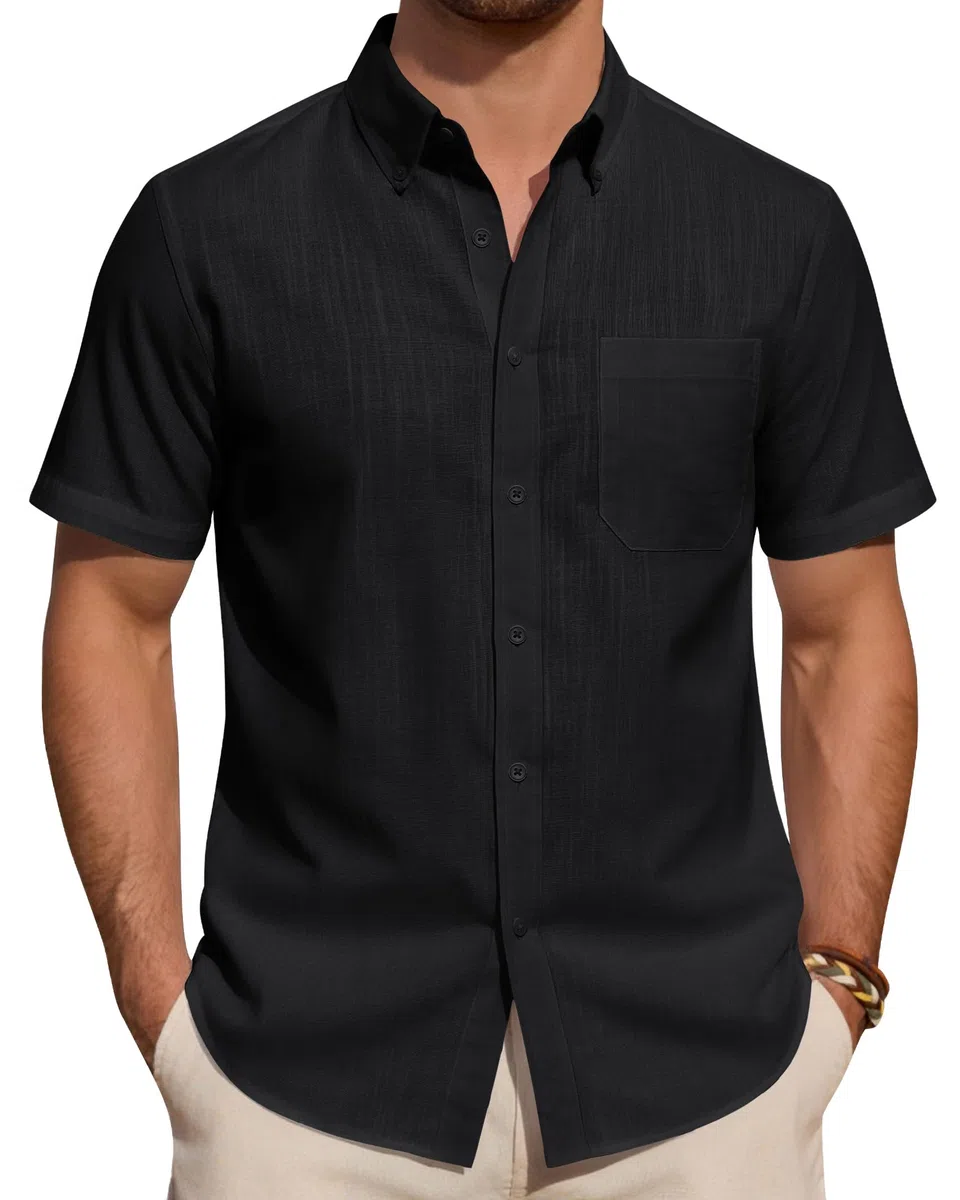 J.VER Leinenhemd Herren Kurzarm Hemd Sommer Freizeithemden Herren Casual Beach Shirts Regular Fit Männer Leinen Hemd Button Down Basic Men Shirts mit Brusttasche