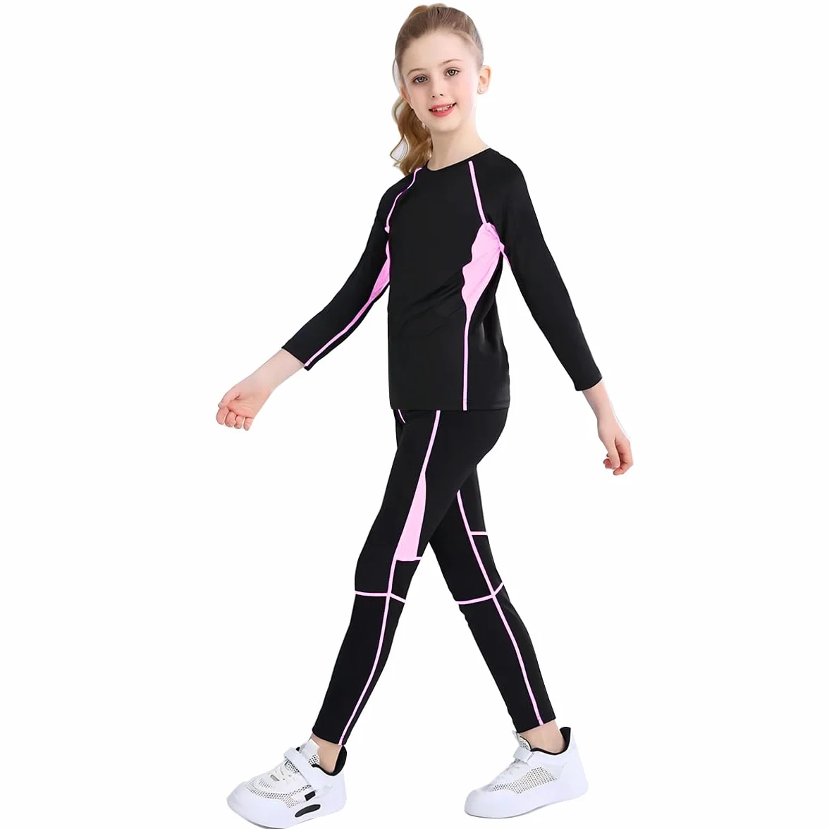 linboo Mädchen Sportanzug 2tlg Yoga Anzug mit Langen Ärmeln und Hosen, Kleidung Set, Atmungsaktiv und Elastisch, Outdoor eng anliegende Tanz- und Fitnessbekleidung für Kinder