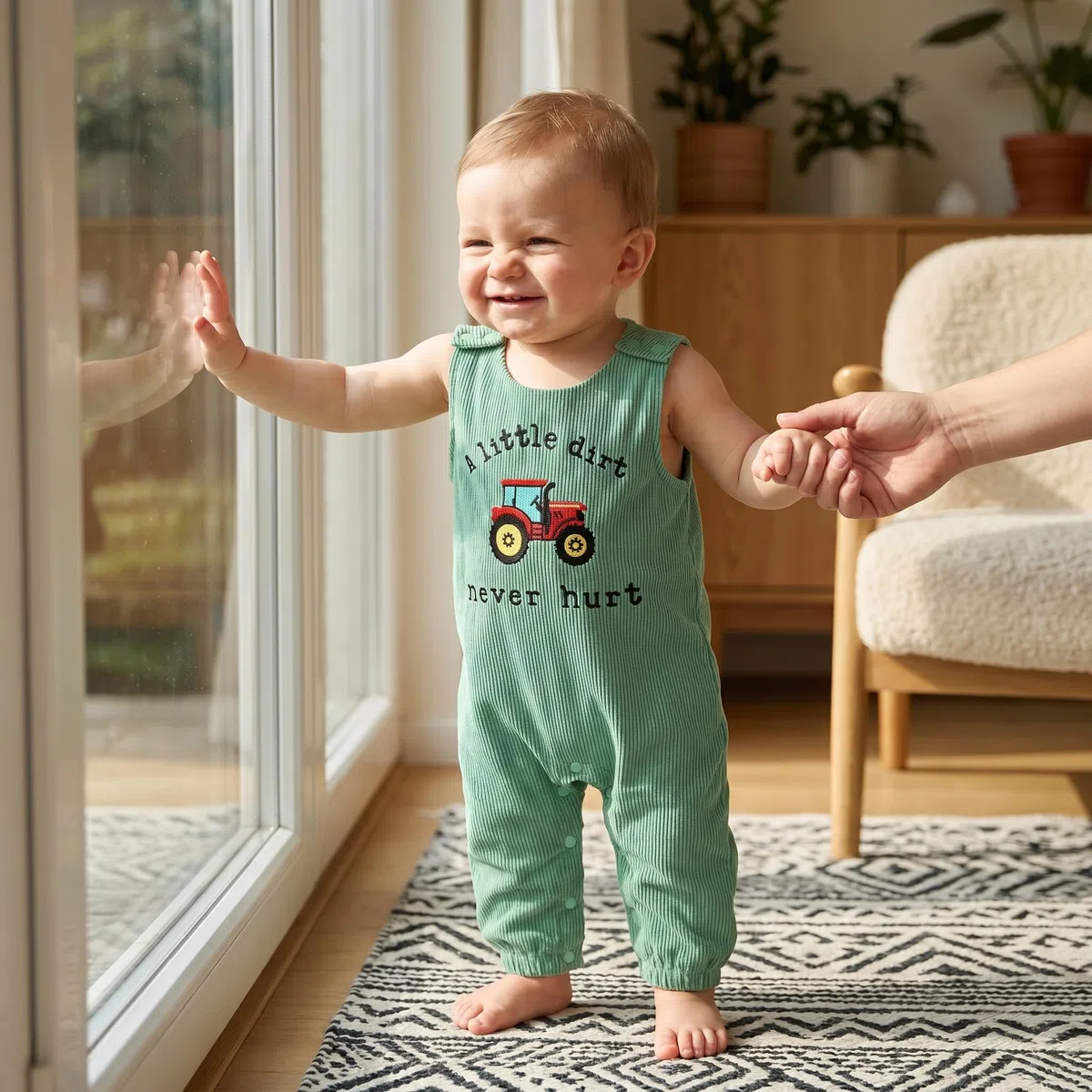 Carolilly Baby-Latzhose für Neugeborene, Babys, Jungen, ärmellos, Cord-Strampler, Rundhalsausschnitt, Traktor-Stickerei, Overall, Kleinkind, niedliche Kleidung